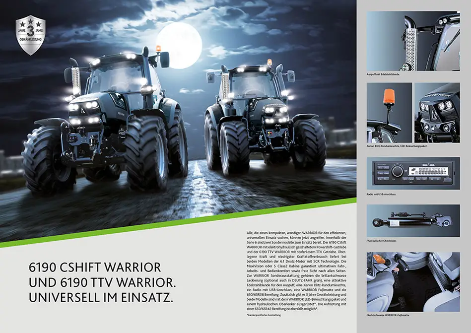 c.i.a.green, Deutz-Fahr, Warrior, Traktoren, Limited Edition, Mond, Broschüre