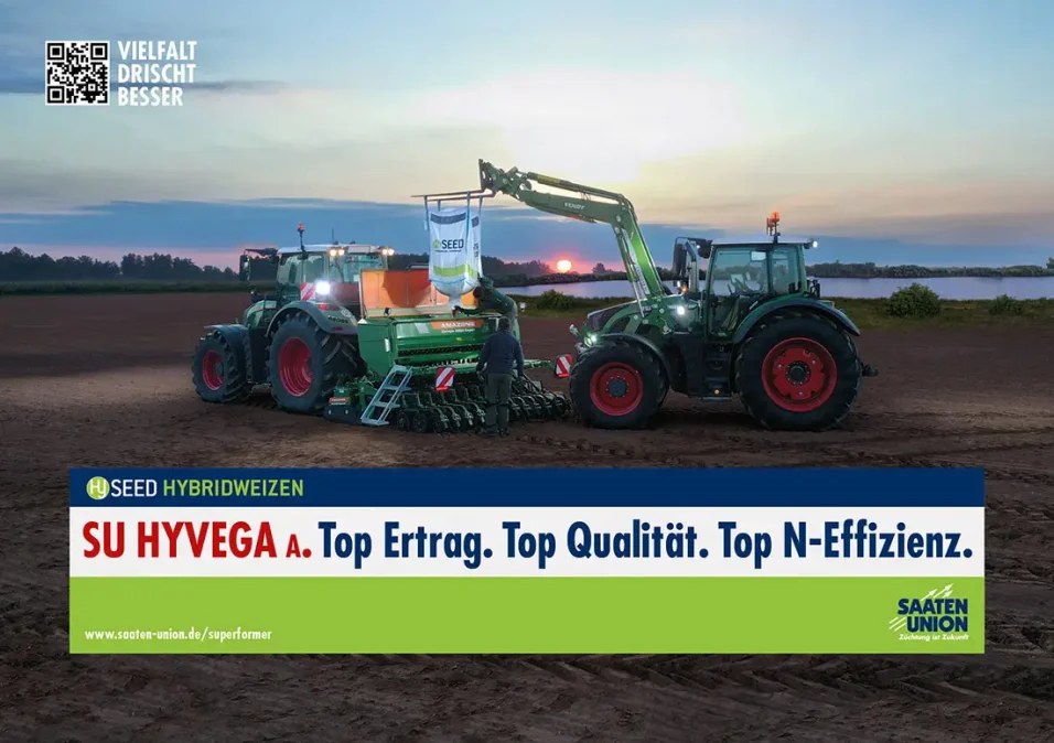 c.i.a.green, Saaten-Union, Anzeige Aussaat, Hybridweizen, HySeed, Fendt Traktor, Saatgutsack, SU Hyvega, Amazone Sähmaschine