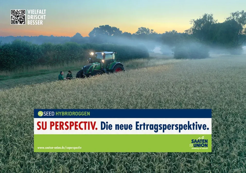 c.i.a.green, Saaten-Union, Anzeige Feldkontrolle, Hybridroggen, Fendt Traktor, Roggenfeld, SU Perspectiv