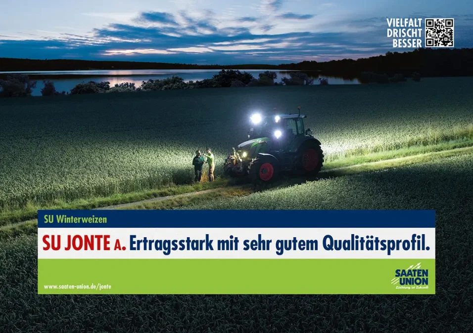 c.i.a.green, Saaten-Union, Winterweizen, Anzeige Feldkontrolle, Fendt Traktor, Weizenfeld, SU Jonte