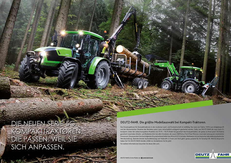 c.i.a.green, Deutz-Fahr, Serie 5G, Traktor, Anzeige Waldarbeiten