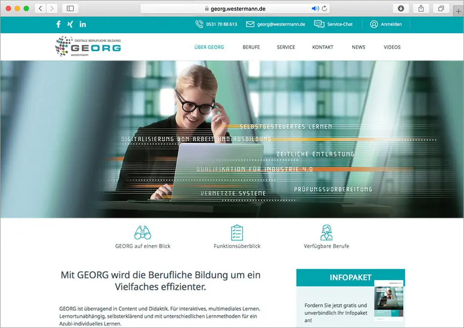 c.i.a.green, Website Georg, Westermann Verlag, Berufliche Bildung, Digital, Frau, Laptop, Büro